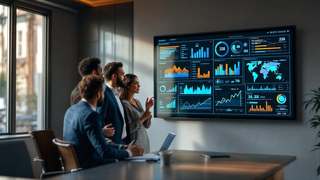 A diverse group of executives (CEO, CFO, Production Director) in a modern meeting room, confidently reviewing reports and dashboards on a large screen, symbolizing data-driven decision-making and strategic planning.
