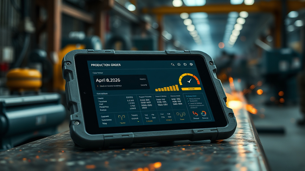 Close-up of a tablet on the factory floor showing real-time production order status and profitability