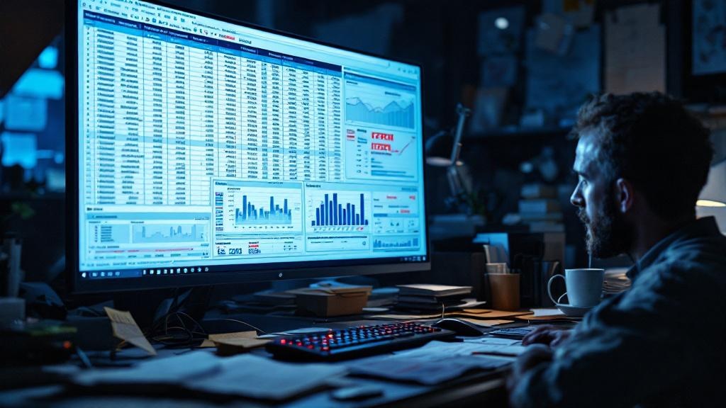 Photorealistic, cinematic shot of a cluttered office desk late at night. The focus is a large computer monitor displaying an overwhelmingly complex production spreadsheet. Multiple tabs are open, filled with dense numerical data, charts with inconsistent data from 2025 and 2026, and glaring #ERROR! messages. The screen's cold, blueish light illuminates a messy desk with scattered papers and sticky notes. The atmosphere is stressful and chaotic, with deep shadows and harsh highlights, conveying a sense of being buried in unmanageable information. Dominant colors are cool blues, sterile whites, and dark shadows. --ar 16:9