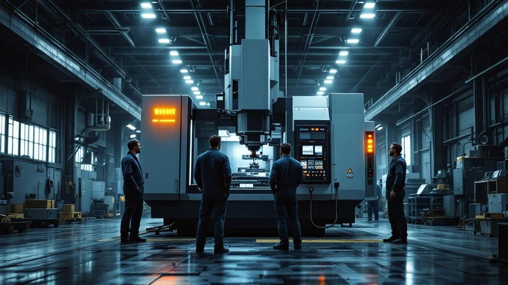 A factory floor with a machine idle while workers look on, looking frustrated. Highlights the cost of downtime.
