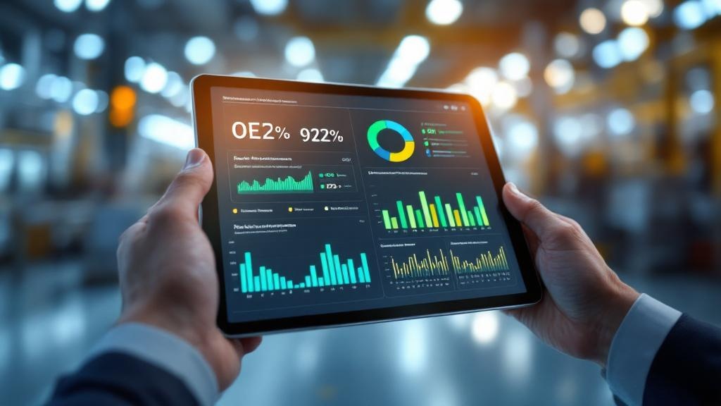 A clean, modern dashboard on a tablet showing real-time production metrics (OEE, units per hour, downtime). The feeling is one of control and clarity.