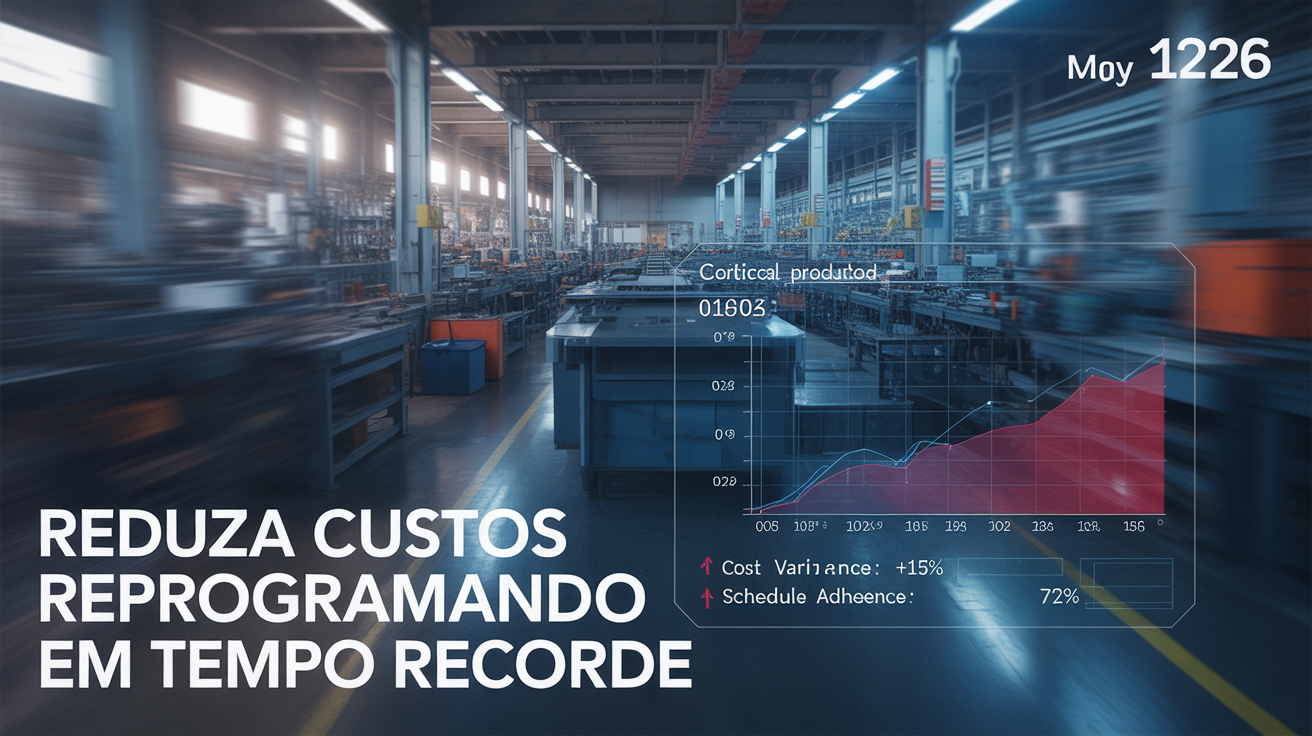 Photorealistic image of a modern, automated factory floor at dusk, cinematic lighting. The background shows complex machinery in motion, blurred with a strong depth-of-field effect to convey a sense of overwhelming chaos. Dominating the foreground is a crisp, glowing holographic data dashboard. The interface is a sleek dark mode UI, displaying critical production analytics for May 2026 with sharp red and blue graphs indicating 'Cost Variance: +15%' and 'Schedule Adherence: 72%'. The atmosphere is tense and high-tech, with a color palette of cool blues, urgent reds, and industrial grays. --ar 16:9. The image must display this exact uppercase text in large bold sans-serif typography: 