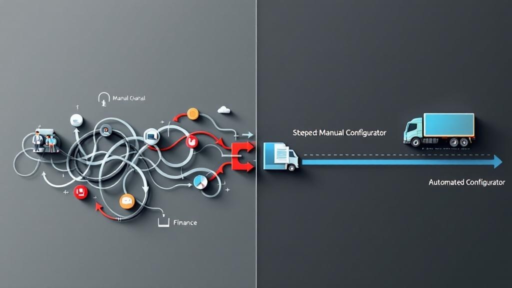 A 3D infographic illustration in a professional, clean style, landscape format (16:9). The image is visually split. On the left, a complex, tangled flowchart in muted grays and reds depicts a slow manual quoting process for road implements; it shows convoluted arrows looping between icons of engineering, sales, and finance. On the right, a stark contrast: a sleek, simple, and linear flowchart in bright blues and greens, representing an automated configurator. This path flows directly from a stylized truck trailer icon to a final quote document, symbolizing speed, clarity, and efficiency. No text in the image.