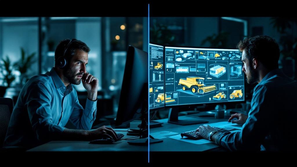 A split screen showing a frustrated salesperson on the phone on one side, and a stressed engineer looking at complex blueprints on the other.