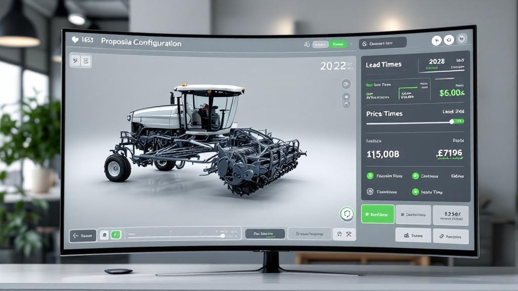 A clean, modern dashboard of a proposal configuration tool, showing a 3D model of a farm implement and real-time price calculation.