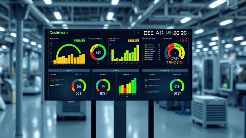 A photorealistic 3D render of a futuristic industrial control room dashboard for the year 2026, displayed on a sleek, transparent screen. The main interface shows real-time Overall Equipment Effectiveness (OEE) data through dynamic charts and gauges. Multiple widgets indicate individual machine statuses with vibrant green, yellow, and red status lights, reflecting live production data. In the background, a slightly blurred, modern, and automated factory floor is visible. The atmosphere is professional and high-tech, with a dominant color palette of deep blues, cool greys, and crisp whites, creating a sense of clarity and control. --ar 16:9 --no text