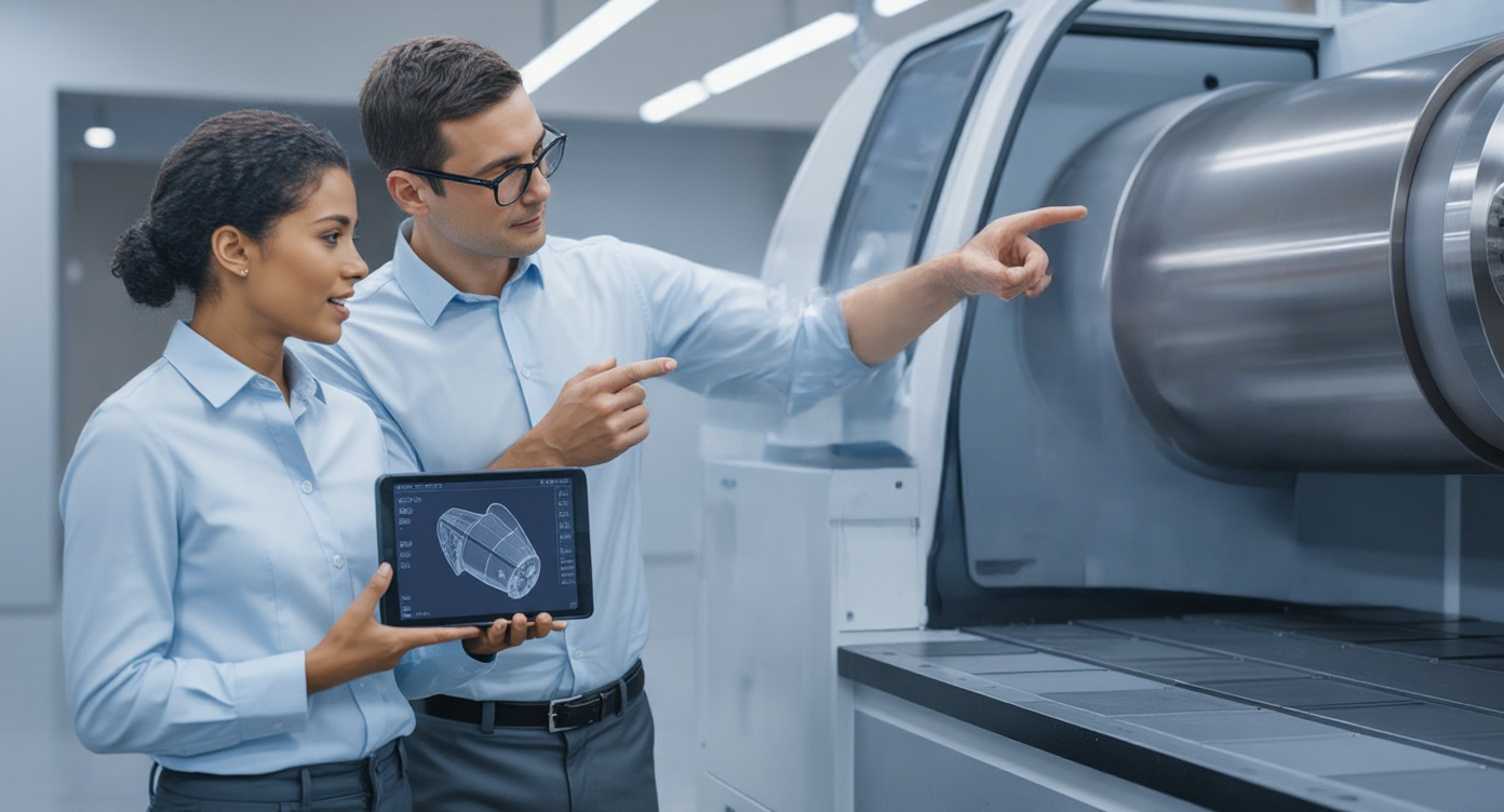 Two engineers pointing at a blueprint, one on a tablet, showing seamless collaboration