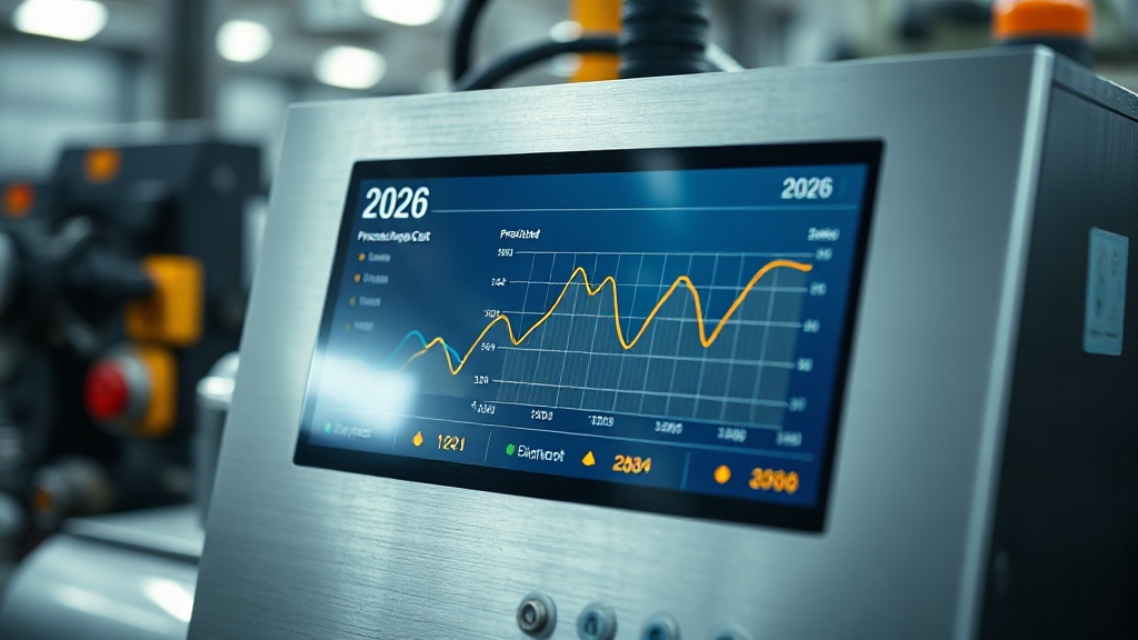 A detailed, close-up photograph of a modern industrial machine's control panel. The integrated touchscreen displays a live data dashboard for the year 2026. A dynamic line graph is the main feature, comparing 'Projected Production Cost' (a stable blue line) against 'Real-Time Actual Cost' (a fluctuating orange line), clearly showing deviations. The panel is clean, made of brushed metal, with focused, clinical lighting. The background is a softly blurred, high-tech manufacturing environment. Professional corporate photography style, sharp focus, shallow depth of field, data-driven mood. Dominant colors are cool grays, deep blues, and a vibrant accent orange. Aspect ratio 16:9.