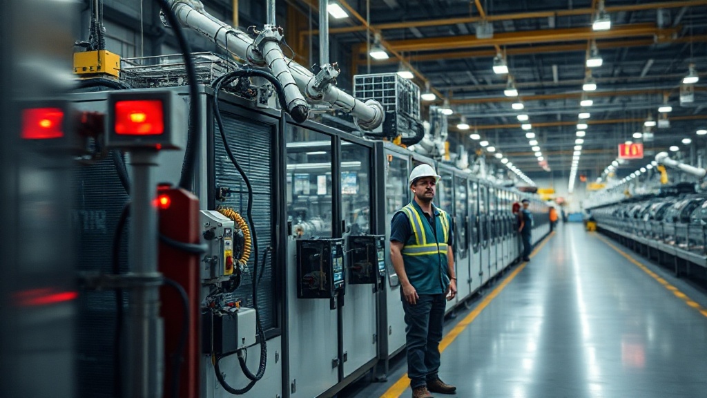 A factory floor with a production line. One worker is visibly waiting, looking at a stopped machine, while others work in the background.