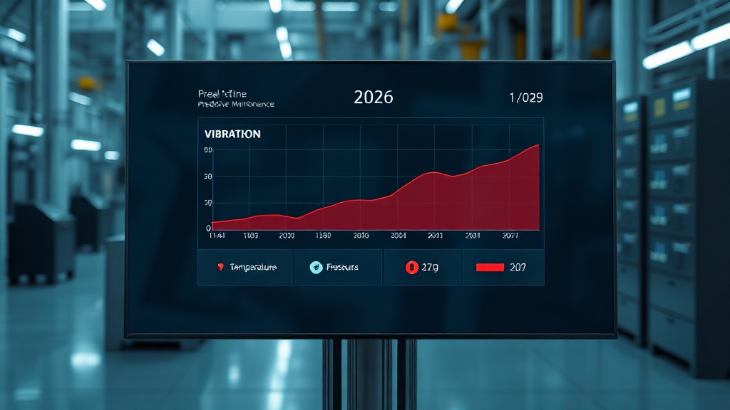 Photorealistic 3D render of a futuristic predictive maintenance dashboard, displayed on a sleek, semi-transparent screen inside a modern control room. The interface shows real-time data from industrial machinery for the year 2026. A prominent line graph tracks 'Vibration', with the data point for May 7, 2026, trending sharply upwards towards a red critical threshold line. Other muted graphs for temperature and pressure are stable. The background is a slightly blurred, clean factory floor. The atmosphere is professional and high-tech. Dominant colors are cool blues and dark grays, with a single, urgent red alert. Landscape format, 16:9.