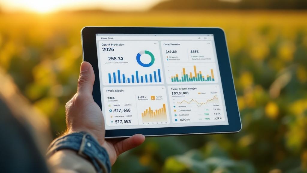 Ultra-realistic cinematic photograph, close-up on a farmer's weathered hand holding a sleek, modern tablet. The screen is the focal point, displaying a sophisticated financial dashboard with clear charts and data visualization for the year 2026, showing cost of production and profit margin analysis. The background is a beautifully blurred, out-of-focus soybean field just after harvest during the golden hour. The mood is professional and strategic, a moment of data-driven decision-making. Dominant colors are the warm golds of the field contrasting with the crisp blues and greens of the UI. --ar 16:9