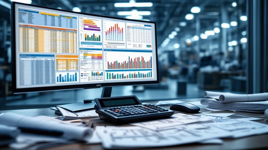 A photorealistic image of a manager's desk inside a modern industrial job shop office, year 2026. The scene depicts the chaos of disconnected data management. A large monitor displays multiple complex, non-integrated spreadsheets with dense tables and Gantt charts. The desk is cluttered with printed engineering blueprints, a calculator, and scattered paper notes with handwritten calculations. Through a large window behind the desk, the blurred activity of the factory floor is visible. The atmosphere is professional yet tense, with cool, corporate lighting, highlighting the overwhelming task of manual cost tracking. --ar 16:9 --style raw