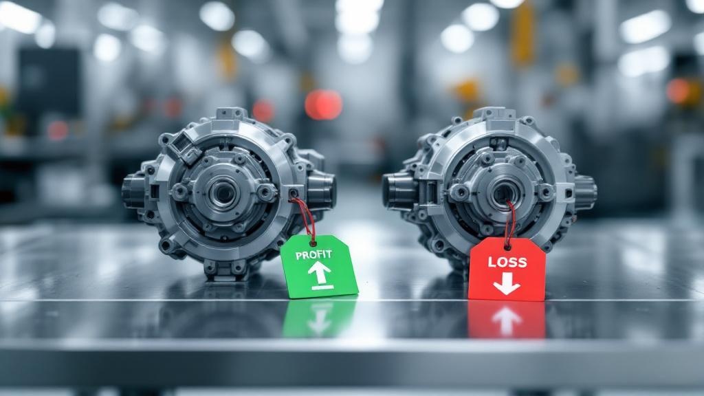 Two identical-looking industrial parts side-by-side. One has a green tag showing a positive margin (+18%), the other has a red tag showing a negative margin (-7%).
