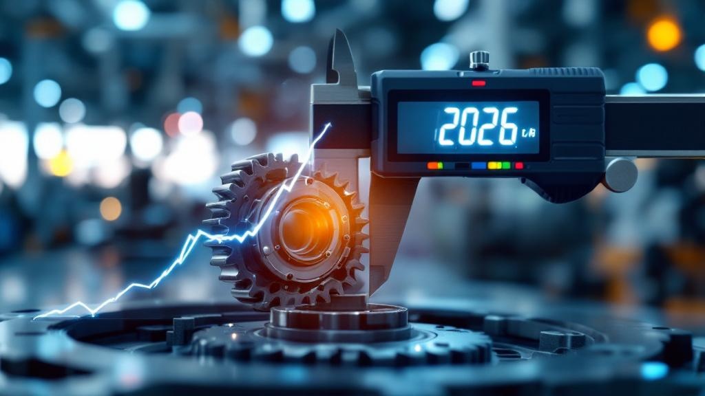 Photorealistic close-up shot of a digital caliper precisely measuring a complex, metallic automotive gear component. The focus is sharp on the tool's glowing digital readout and the point of contact. In the background, a modern and clean factory floor with CNC machinery is visible but softly blurred with a strong bokeh effect. A subtle, holographic overlay of a rising line graph, symbolizing cost control and quality data from the year 2026, floats near the measurement point. The atmosphere is one of high precision, data-driven control, and technological advancement. Dominant colors are cool metallics, grays, and a sharp digital blue. Landscape format, 16:9.