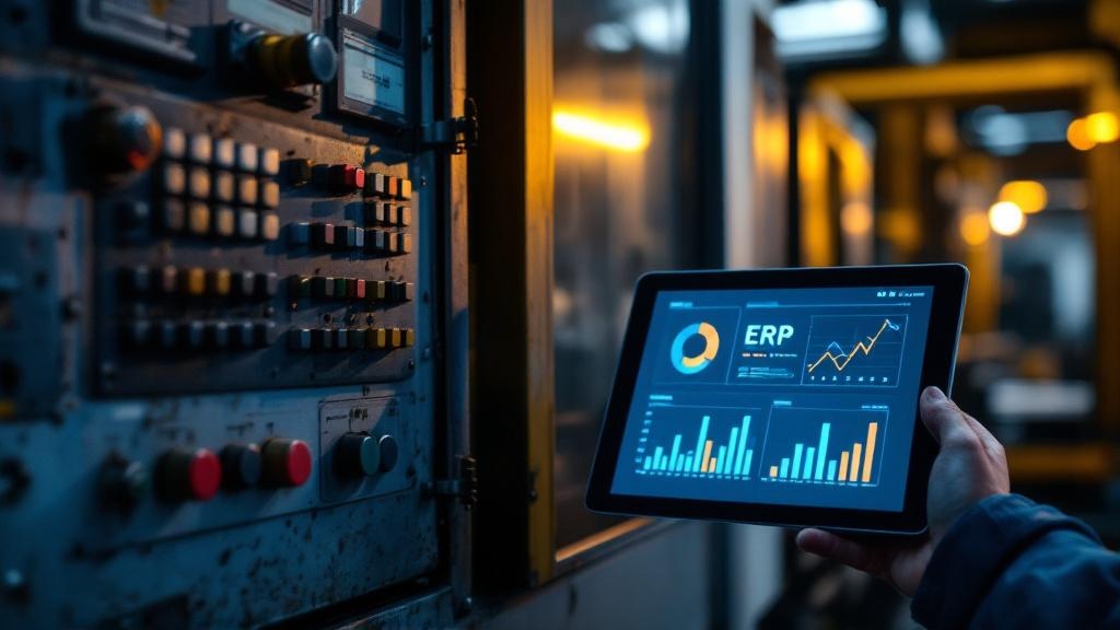 Photorealistic close-up shot focusing on the stark contrast between industrial reality and digital abstraction. On one side, the worn, slightly grimy control panel of a CNC machine with physical buttons and a metallic sheen. Next to it, a modern, sleek tablet displays a clean, generic ERP software interface with simplified charts. The lighting is dramatic, with a cool, blueish light emanating from the tablet screen, while a warmer, yellow industrial lamp illuminates the machine, highlighting the gap between the two worlds. Professional, tense mood. Aspect ratio 16:9.