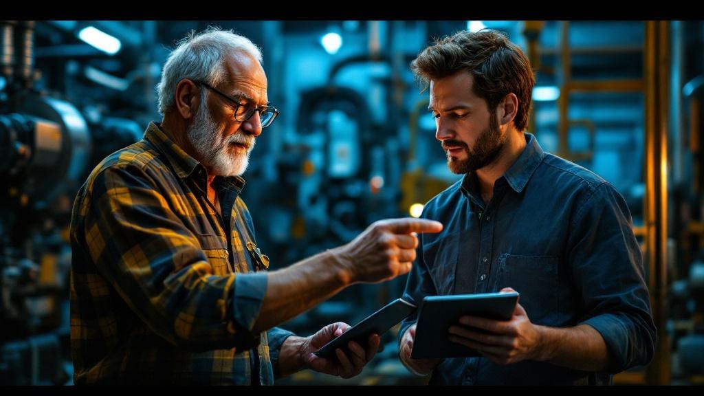 Cinematic, hyper-realistic photograph capturing a poignant moment of knowledge transfer inside a Brazilian factory. An experienced, older founder in his late 60s, with a wise expression, points to a specific, complex part of an industrial machine. He is explaining its operational secrets to his successor, a focused person in their 30s, who is diligently taking notes on a tablet. The atmosphere is serious and focused, highlighting the challenge of converting tacit knowledge into data. The lighting is dramatic, with warm tones on the subjects against a cool, metallic blue industrial background. --ar 16:9 --style raw
