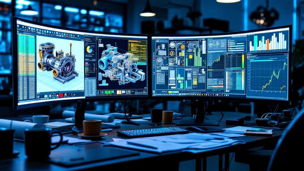 A photorealistic 3D render of an overwhelmed engineer's workstation in the year 2026, symbolizing an engineering bottleneck. The desk is cluttered with rolled-up physical blueprints, technical manuals, and coffee mugs. A central ultra-wide monitor displays a highly complex 3D CAD assembly of an industrial machine. An adjacent screen is filled with a dense bill-of-materials spreadsheet, while a tablet shows a Gantt chart with missed deadlines highlighted. The atmosphere is tense and high-pressure, with cool, professional lighting from the screens casting deep shadows in a modern office. Dominant colors are blues, grays, and metallic tones. --ar 16:9 --style raw