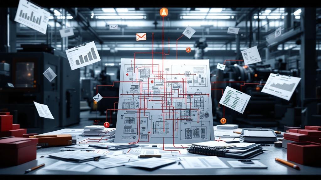 A detailed 3D render, landscape 16:9, depicting a chaotic and fragmented workflow in an industrial machine manufacturing facility. In the center, a complex engineering blueprint is surrounded by tangled red lines connecting it to scattered Excel spreadsheets, frantic email icons, and physical purchase orders. In the background, a partially built industrial machine stands idle. The atmosphere is stressful and disorganized, with dim, focused lighting creating harsh shadows. Dominant colors are cool blues, grays, and alarming reds, symbolizing inefficiency and budget overruns. Professional, hyper-realistic style.