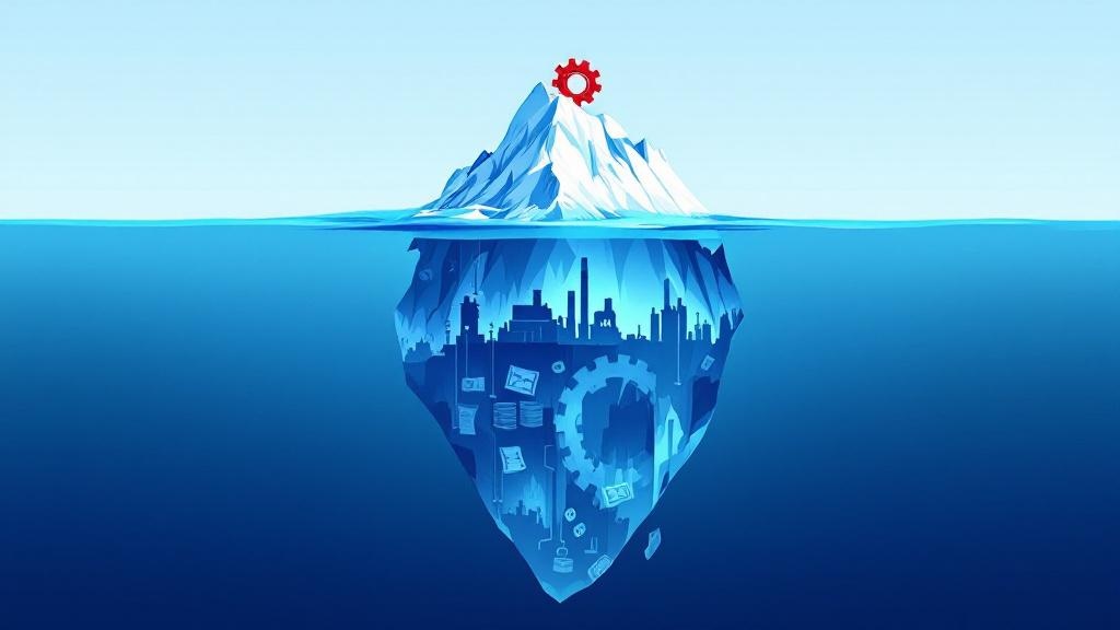 syneriumx-198-0 A 3D infographic illustration of a massive iceberg in a calm, deep blue ocean, professional corporate style. The small visible tip of the iceberg has a single, red, broken industrial gear on it, representing a small visible cost. Submerged, the immense underwater portion of the iceberg reveals shadowy silhouettes of idle factory production lines, stacks of money symbolizing overtime, torn contract documents, and faint, unhappy customer icons, representing massive hidden costs. The mood is serious and analytical. Clean, minimalist aesthetic with a cool color palette of blues, whites, and greys. No text. --ar 16:9