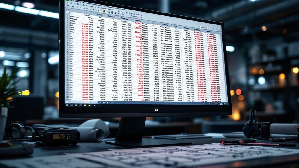 Photorealistic 3D render of a computer monitor in a dimly lit engineering office. The screen shows a close-up of a massive, complex cost-estimation spreadsheet with dozens of columns and rows. Multiple cells flash with prominent red #REF! and #VALUE! errors, symbolizing the chaos and financial loss from manual budgeting. In the soft-focus background, technical blueprints for a metal structure and a caliper lie on the desk, connecting the digital failure directly to the industrial manufacturing process. The mood is tense and frustrating, with a cool, dark color palette. --ar 16:9
