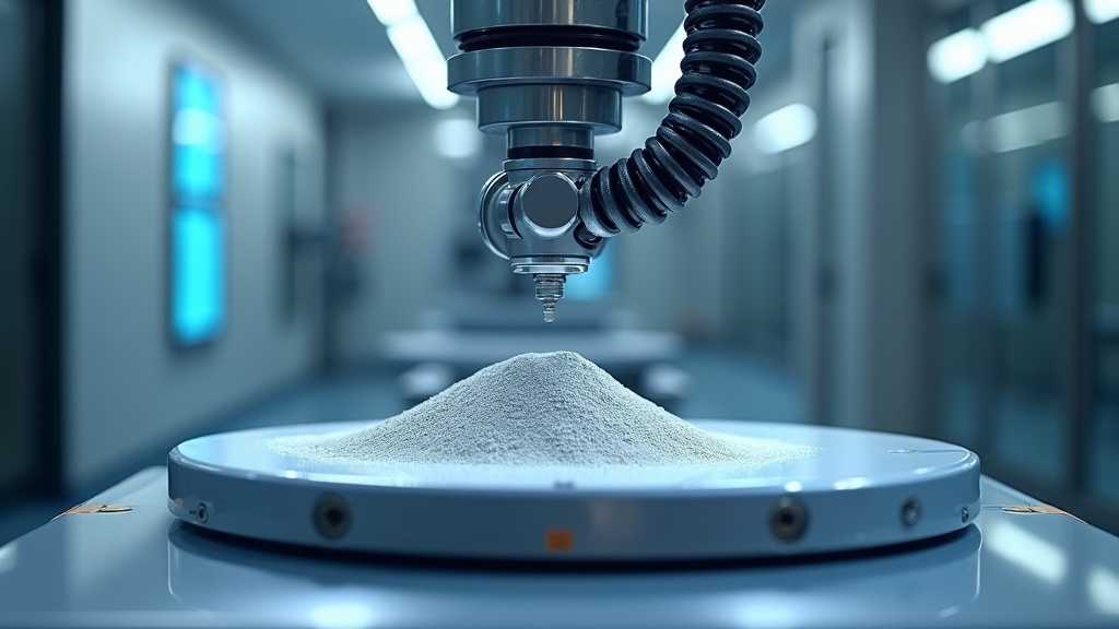 syneriumx-202-0 Photorealistic close-up shot of a sophisticated robotic arm precisely dispensing fine metallic powder onto a high-tech scale within a pristine, modern manufacturing facility. The focus is razor-sharp on the material and the machine's nozzle, emphasizing accuracy and the elimination of waste. The background is clean and slightly blurred, with bright, clinical lighting reflecting off polished surfaces. The atmosphere is one of high-tech efficiency and control, with a color palette dominated by cool metallics, whites, and a subtle blue LED glow from the machinery. --style raw --ar 16:9 --no text