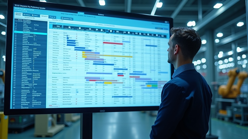 syneriumx-203-0 Photorealistic image of a focused industrial planner in a modern, clean control room, intently studying a large, complex Gantt chart on a wall-mounted screen. The chart shows intricate production schedules and resource allocations for the year 2026. Through a large glass window behind the planner, a busy, high-tech factory floor with robotic arms and machinery is visible, representing the execution environment. The scene contrasts the organized, data-driven planning world (APS) with the dynamic reality of the factory. Professional, cool-toned lighting with dominant blues and greys. --ar 16:9 --style raw