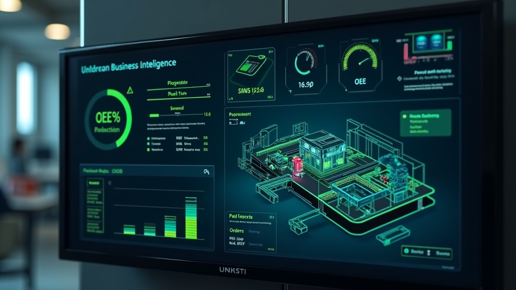 Photorealistic 3D render of a futuristic, wall-mounted digital dashboard in a modern manufacturing facility in 2026. The screen displays a unified business intelligence interface, seamlessly integrating data from different industrial silos. It shows a clear OEE percentage, a list of active production orders with real-time status bars, and a visual layout of the factory floor with machine availability indicated by green and red lights. The design is clean and minimalist, with a professional and controlled atmosphere. Dominant colors are cool blues, dark grays, and vibrant green data highlights. --ar 16:9 --style raw