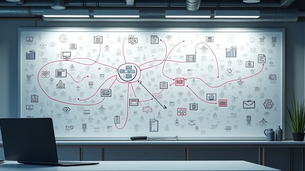 syneriumx-205-0 A photorealistic 3D render of a large, cluttered whiteboard in a modern industrial office. The board is covered with a chaotic and tangled flowchart, with dozens of arrows crossing and leading to dead ends, symbolizing a confusing search process. Include abstract icons representing different data silos: databases, network folders, emails, and ERP systems. The atmosphere is one of overwhelming complexity and frustration, with dramatic, focused lighting. Dominant colors are cool grays and blues, punctuated by jarring red lines, visualizing the inefficient manual search for information. --ar 16:9 --no text