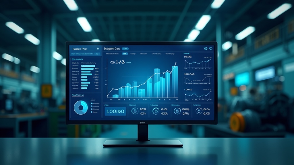 Um painel de controle de um software industrial mostrando gráficos de custo orçado versus custo real, com indicadores claros.