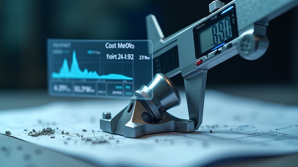 Macro photograph capturing a high-precision digital caliper meticulously measuring a complex, newly machined steel component resting on a technical blueprint. The focus is sharp on the caliper's jaws and the gleaming, intricate angles of the part, with soft-focus metal shavings scattered around. A subtle, semi-transparent holographic overlay hovers near the caliper, displaying fluctuating cost metrics and tolerance data, visually connecting the physical act of precision measurement to the financial budgeting process. The atmosphere is clinical and professional, with cool, metallic tones and bright, focused lighting. Photorealistic, cinematic, 16:9 aspect ratio.