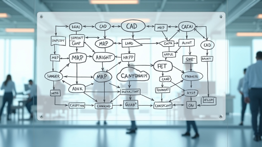 Photorealistic image of a large, complex engineering process flowchart hand-drawn on a modern glass whiteboard. The diagram connects various industrial acronyms like 'CAD', 'CAM', 'MRP', and 'PCP' with intricate, overlapping arrows, symbolizing a rigid and convoluted system. The setting is a clean, well-lit engineering office, but the focus is on the overwhelming complexity of the manual diagram. The atmosphere is professional and analytical, with a color palette dominated by cool blues, greys, and the stark white of the board. The image should convey a sense of static, outdated complexity. --ar 16:9 --style raw