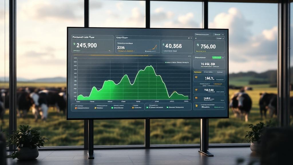 Dashboard de um sistema financeiro mostrando o fluxo de caixa projetado com cenários de otimismo e pessimismo.