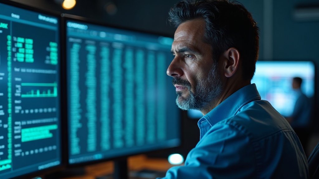 syneriumx-215-0 A hyperrealistic photograph of a middle-aged Brazilian production planning manager in a state-of-the-art Industry 5.0 control room, dated 2026. He has a tense, worried expression, his face illuminated by the glow of a large monitor displaying an overwhelmingly complex spreadsheet with countless rows and columns. In the background, out of focus, are sleek holographic displays and robotic arm schematics, creating a stark contrast between advanced automation and human operational stress. The atmosphere is tense and professional, with a color palette dominated by cool blues, metallic grays, and the warm, anxious light from the screen. Landscape format, 16:9.