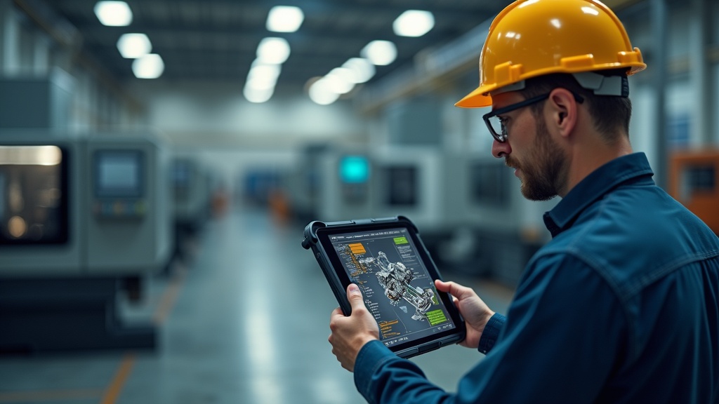 syneriumx-216-0 Photorealistic image of a male industrial engineer in his late 30s, wearing a hard hat and safety glasses, standing on a clean, modern factory floor. He is intently analyzing a complex Bill of Materials (BOM) on a ruggedized tablet. The tablet screen displays an interactive 3D CAD model of a heavy machine part, exploded into its components, seamlessly integrated with the parts list. The background shows advanced CNC machinery, slightly blurred. The atmosphere is focused and efficient, with cinematic lighting highlighting the engineer and the tablet. Dominant colors are industrial grays and blues with vibrant green and orange UI elements. Aspect ratio 16:9. No text.
