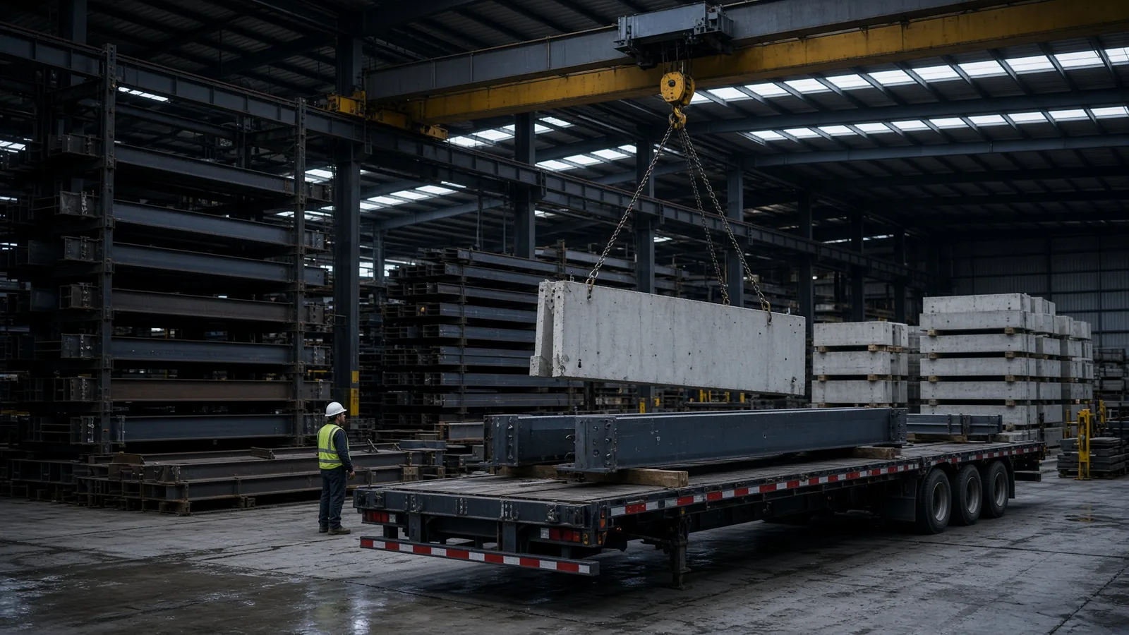 Ponte rolante carrega painel pré-moldado de concreto em caminhão dentro de fábrica de estruturas