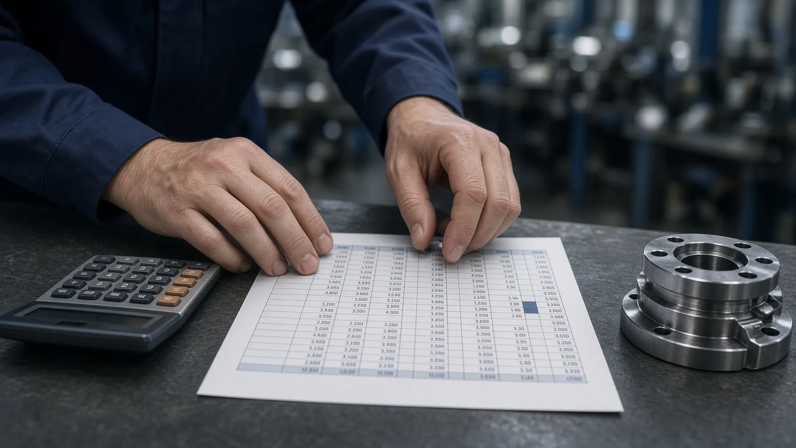 Análise de planilha de custos de produção com calculadora e peça usinada na bancada