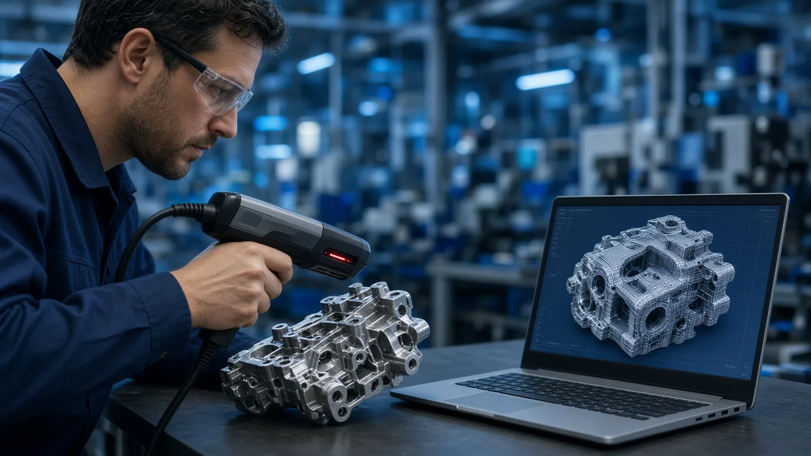 Engenheiro escaneia peça metálica com scanner 3D e compara com a malha CAD no notebook