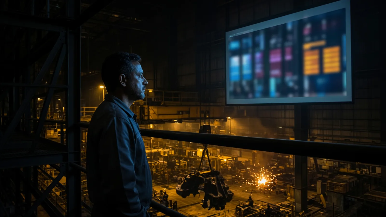 Gestor de producao diante de painel de indicadores em mezanino de fabrica no turno da noite