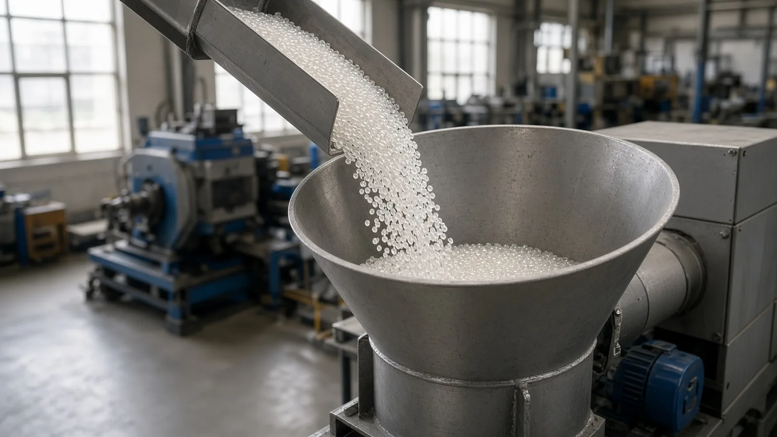 Pellets de resina plástica caindo no funil de alimentação de uma linha de transformação